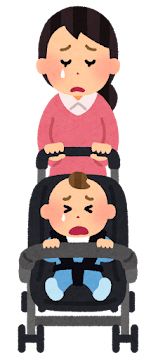 ベビーカーを押すお母さん(泣いた顔)