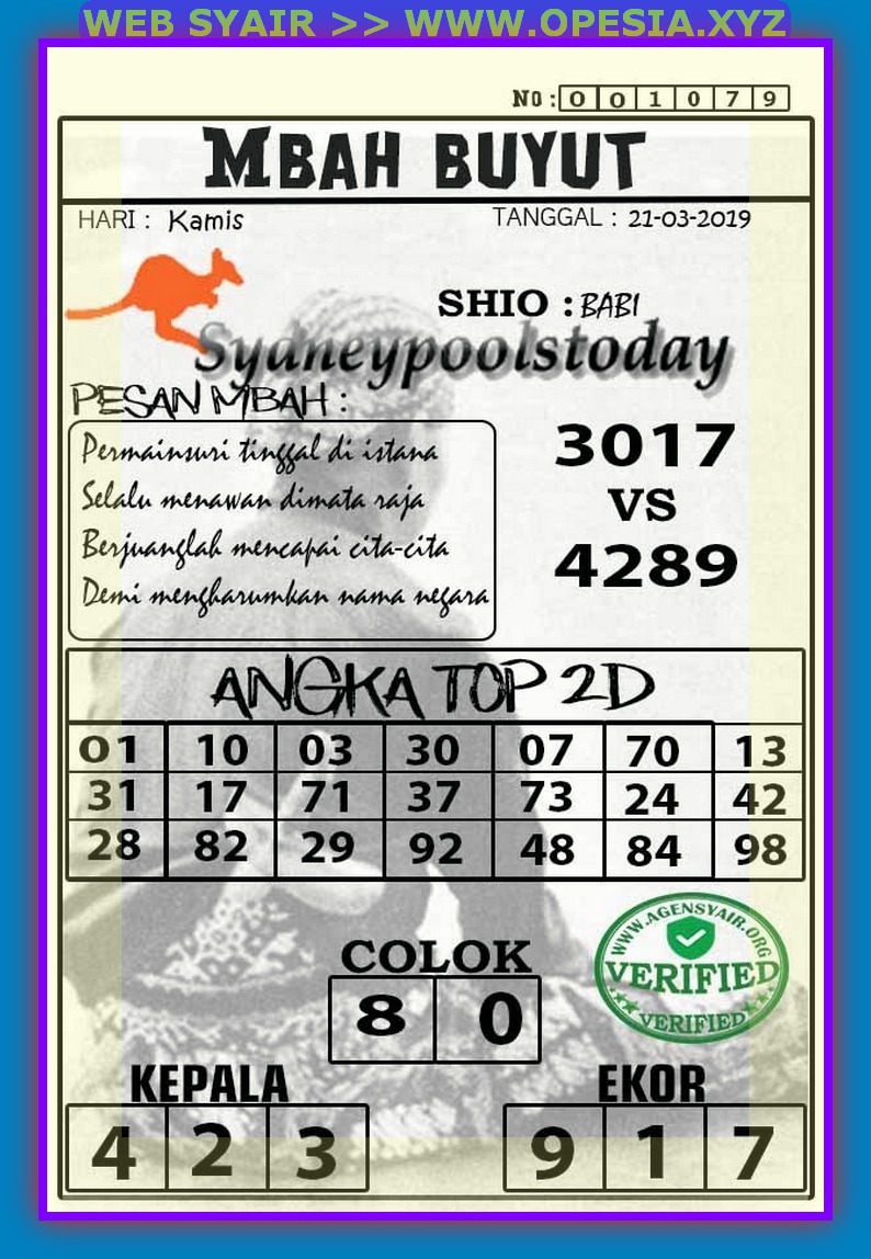 Kode Syair Sidney Kamis 21 Maret 2019 GOsyair SEDIA KODE