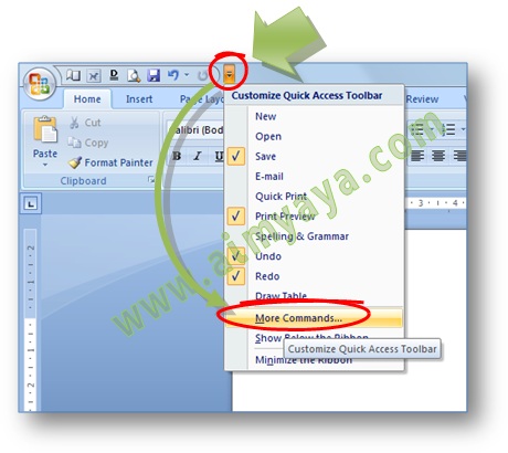 Gambar: Cara menambahkan tombol atau command ke dalam Quick Access Toolbar di  Microsoft Word