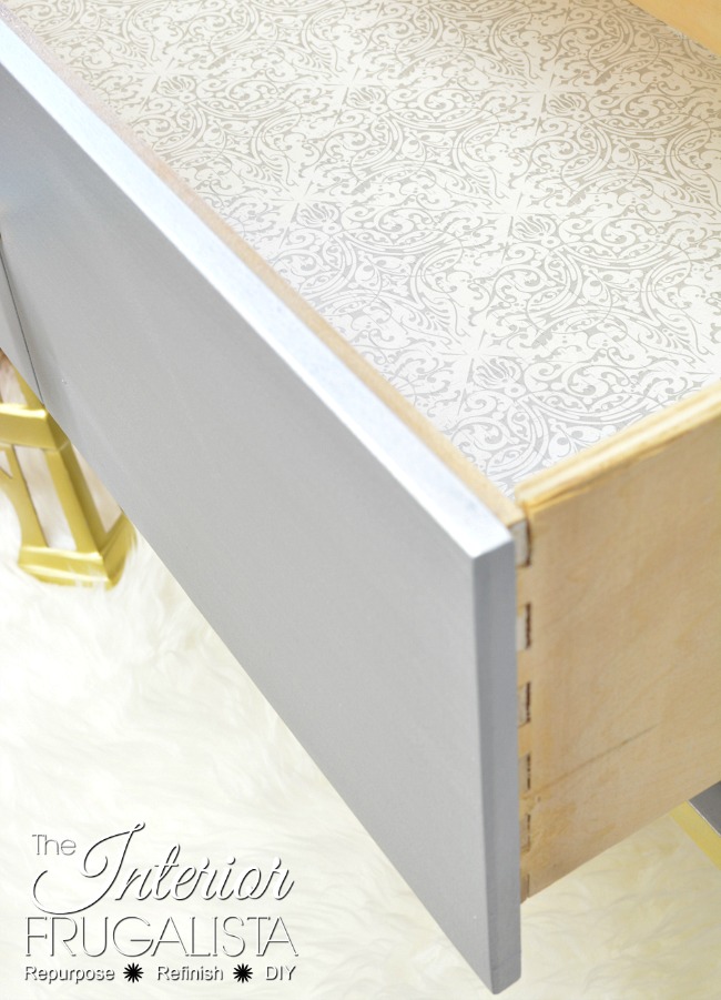 Paper lined drawers in Metallic Night Stand Makeover