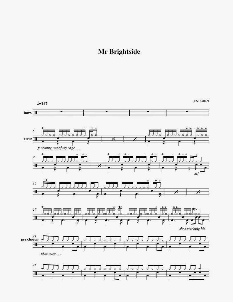 Killers brightside перевод. Mr Brightside Ноты. The Killers Mr. Brightside Ноты. Drum Notes Mr Brightside. The Killers - Mr. Brightside Жанр.