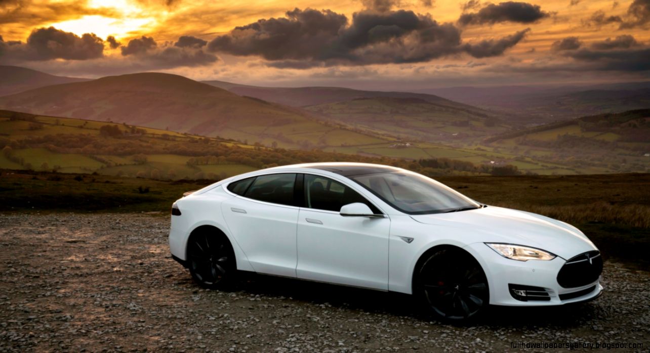 HD Background Tesla Model S P85 White Sunset Side View Wallpaper
