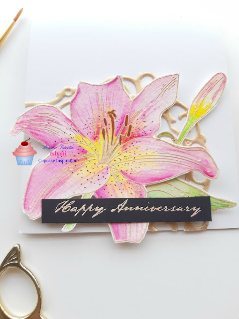 CIC, Uniko Ltd, Zig clean colour brush pens, floral card, Anniversary card, CAS card, water colouring, heat embossing, Quillish,CArds byIShani, Cupcale Inspirations Ishani, Heat embossed frame, Uniko Ltd lily stamp. Lily card, Lilies for anniversary, Happy anniversary card online india