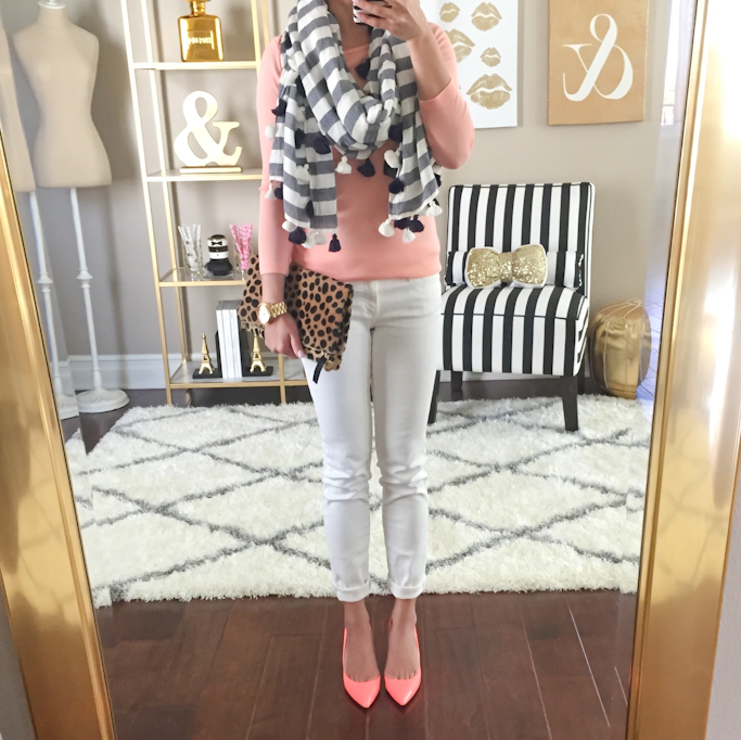 Jcrew neon pumps white jeans Ann Taylor striped tassel scarf peach boatneck tee gold mirror home office decor gold ampersand dress form