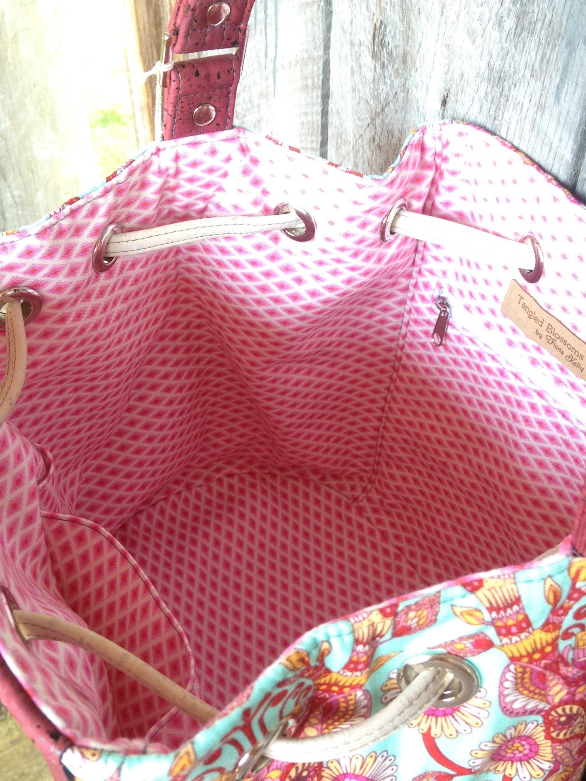 Tangled Blossoms Design: Dahlia Drawstring Bucket Bag Pattern by Blue Calla