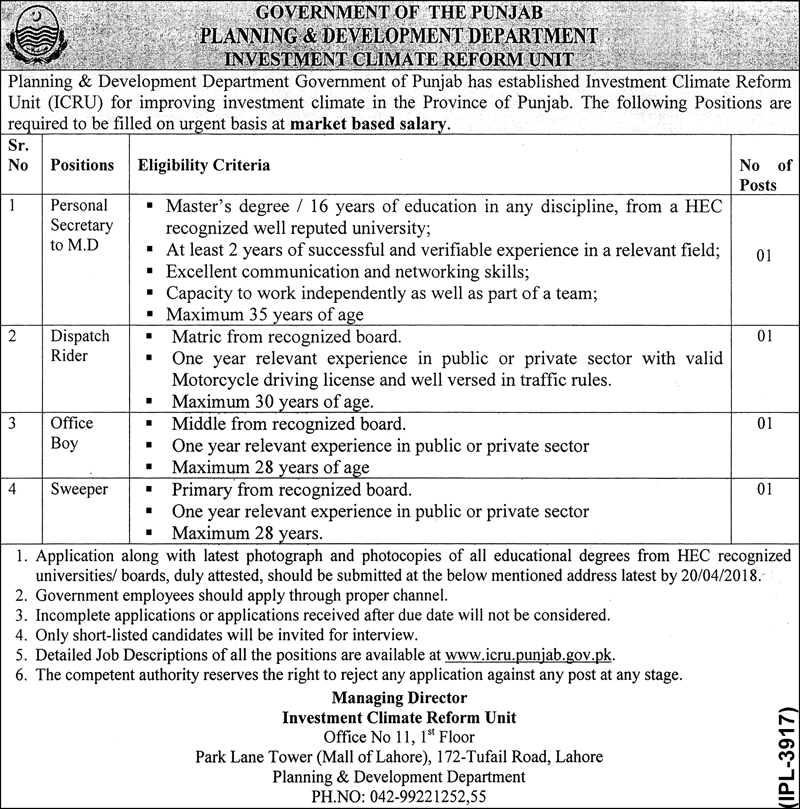 Jobs In Planning And Development Department April 2018 Govt of Punjab