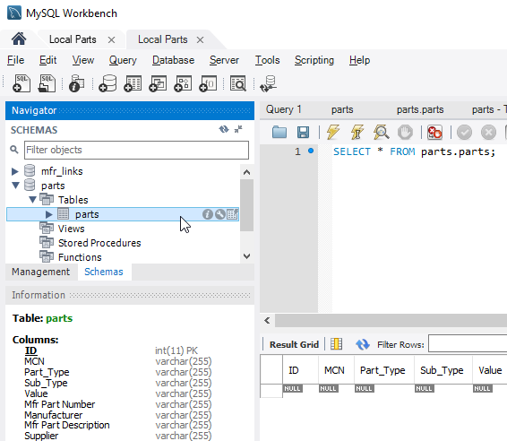Parts: MySQL Parts - Schemas and Tables