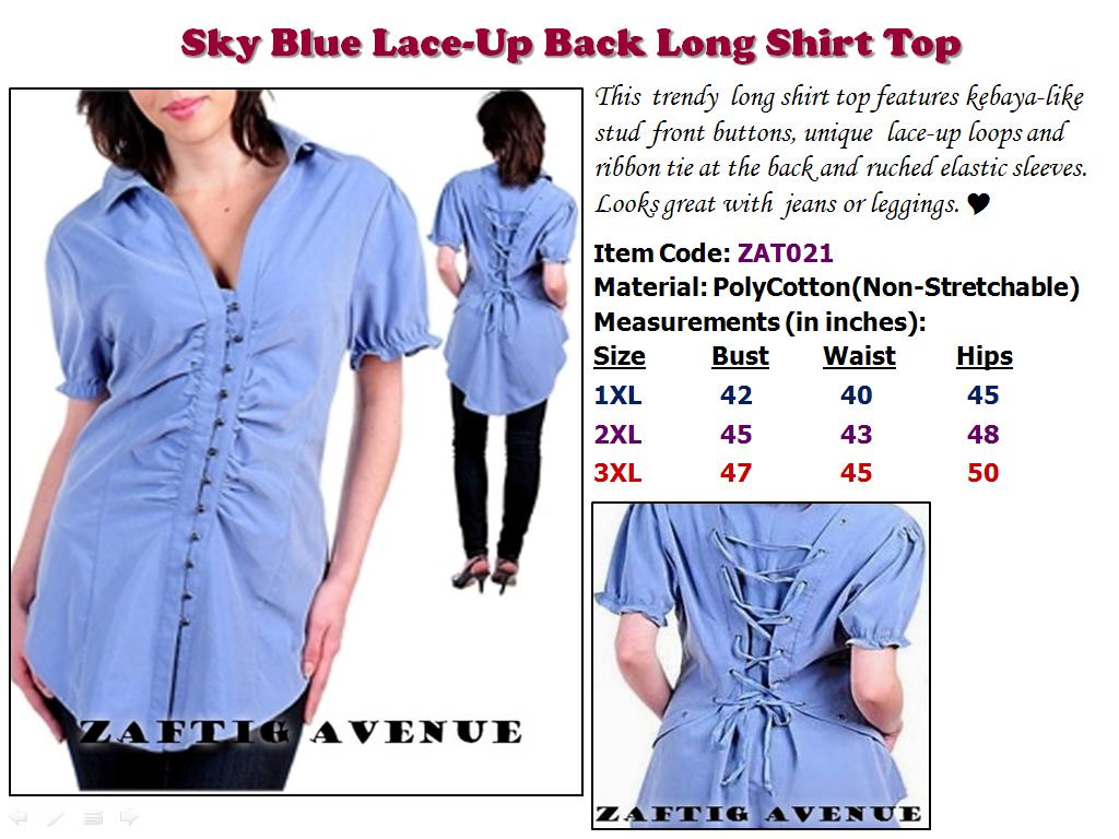 Zaftig Avenue - Fashion for CURVES!: Sky Blue Lace-Up Back Long Shirt ...