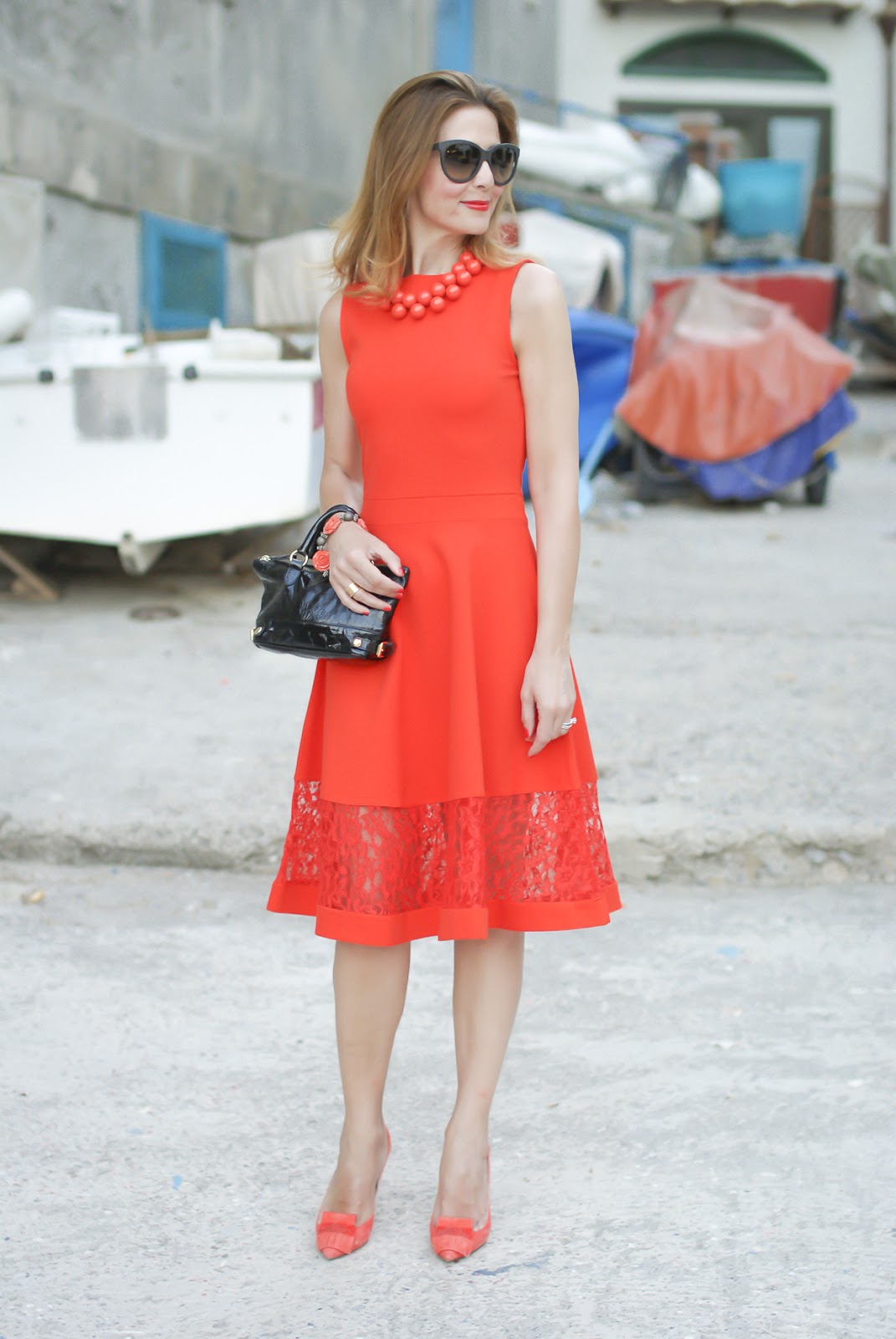 A coral midi dress from French Connection and a matchy matchy outfit on Fashion and Cookies fashion blog, fashion blogger style