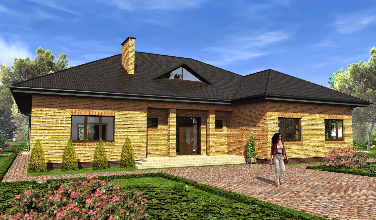 М. Одноэтажный коттедж из кирпича. М. М. Кирпичный одноэтажный дом 140кв.