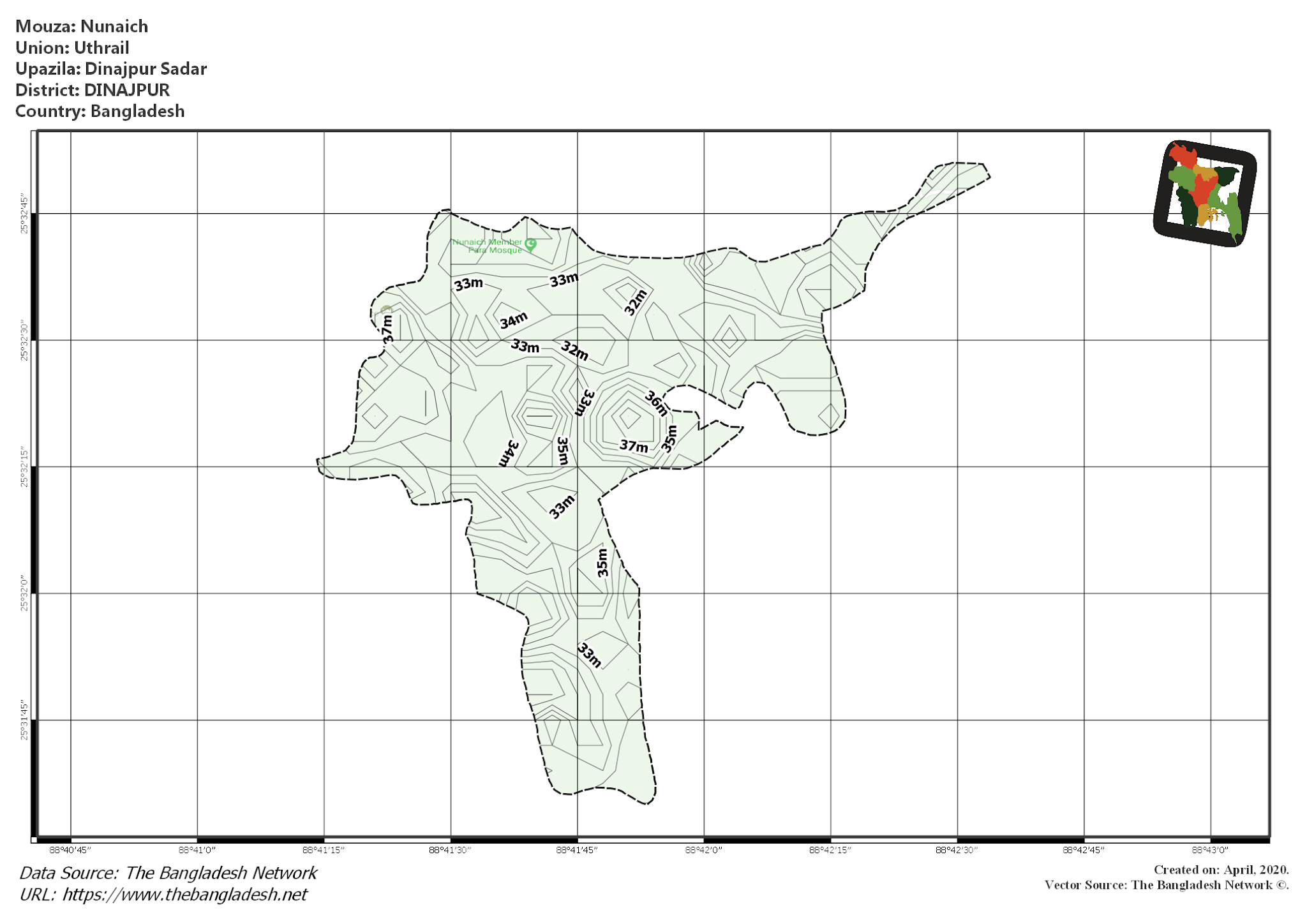 Map of Nunaich Mouza of Dinajpur Sadar Upazila, DINAJPUR, Bangladesh.
