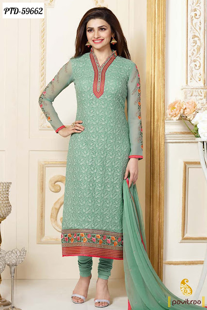 Prachi desai style medium sea green chiffon bollywood salwar suit online in discount sale