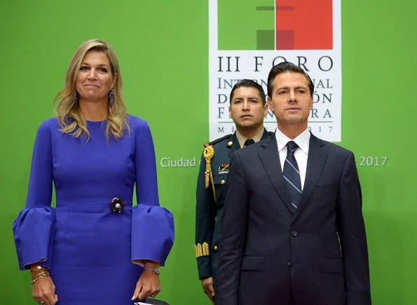 Queen Maxima met with Mexican President Enrique Pena Nieto. Maxima wore Roksanda Margot Crape dress and Gianvito Rossi suade pumps