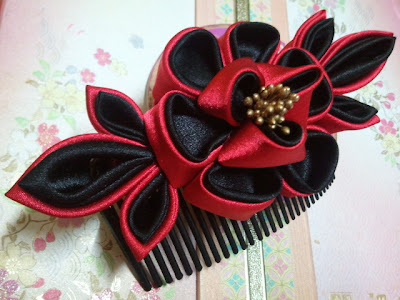 black, red, peony, hair comb, kanzashi, Malaysia, elegant