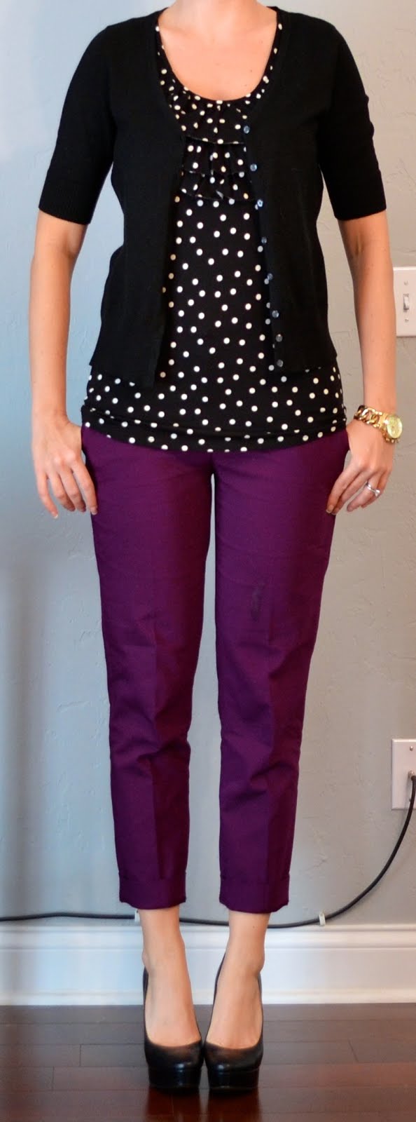 outfit post: purple cropped pant, black & white polka dot blouse, black ...