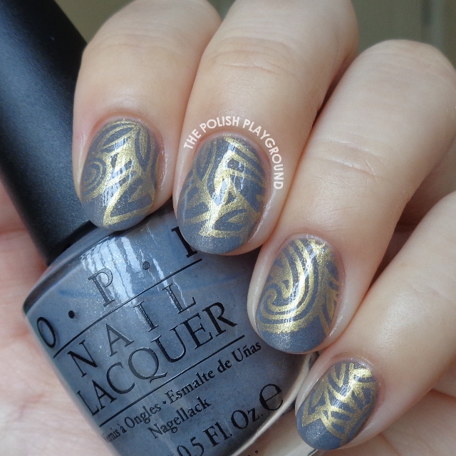 Blue Grey and Gold Stamping Nail Art