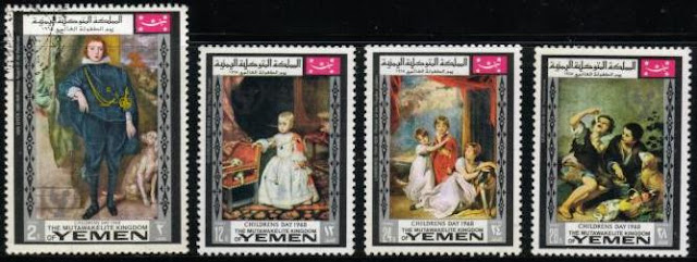 1968年イエメン共和国 サルーキなど絵画の中の犬切手