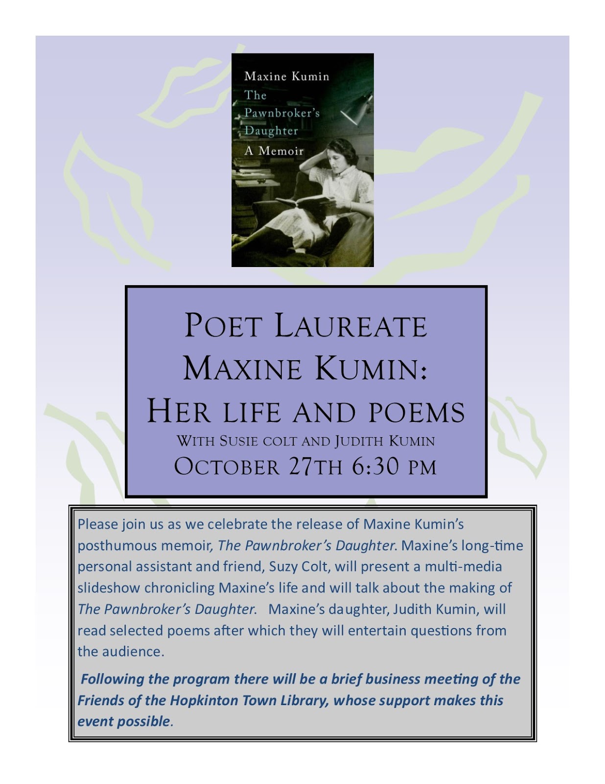 Hopkinton Town Library News Maxine Kumin Program