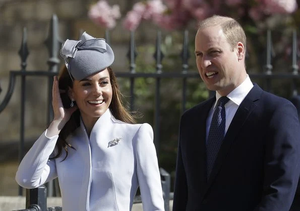 Kate Middleton wore a dove grey coat by Alexander McQueen. The Countess of Wessex wore a floral dress by Oscar de la Renta