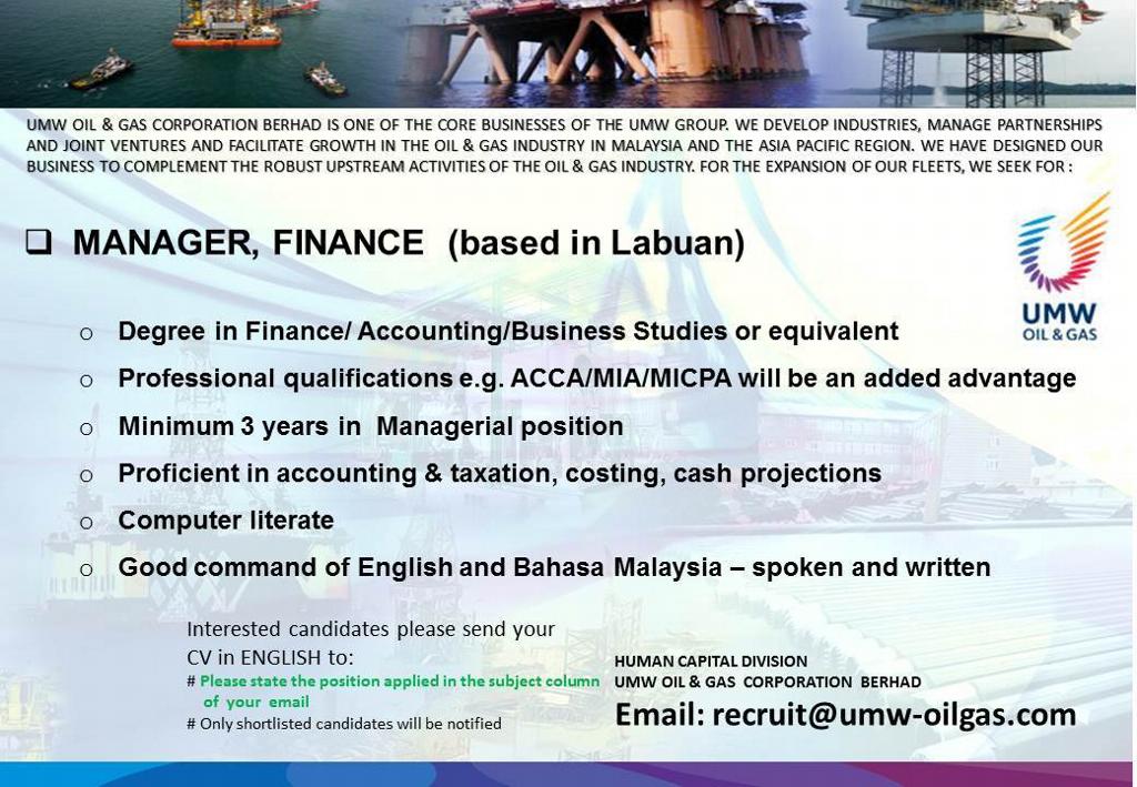 Oil &Gas Vacancies FINANCE MANAGER LABUAN