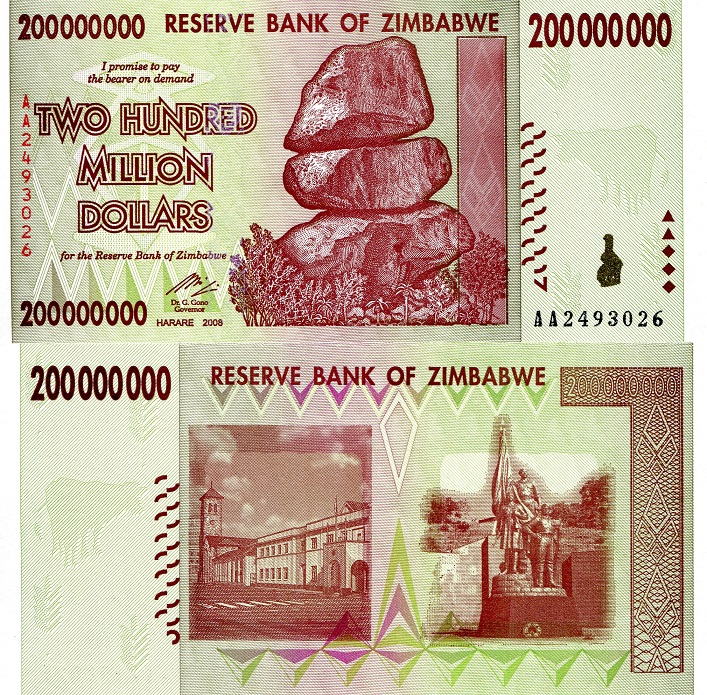 WORLD OF CURRENCY Zimbabwe 200,000,000 Dollars (200 Million) Note