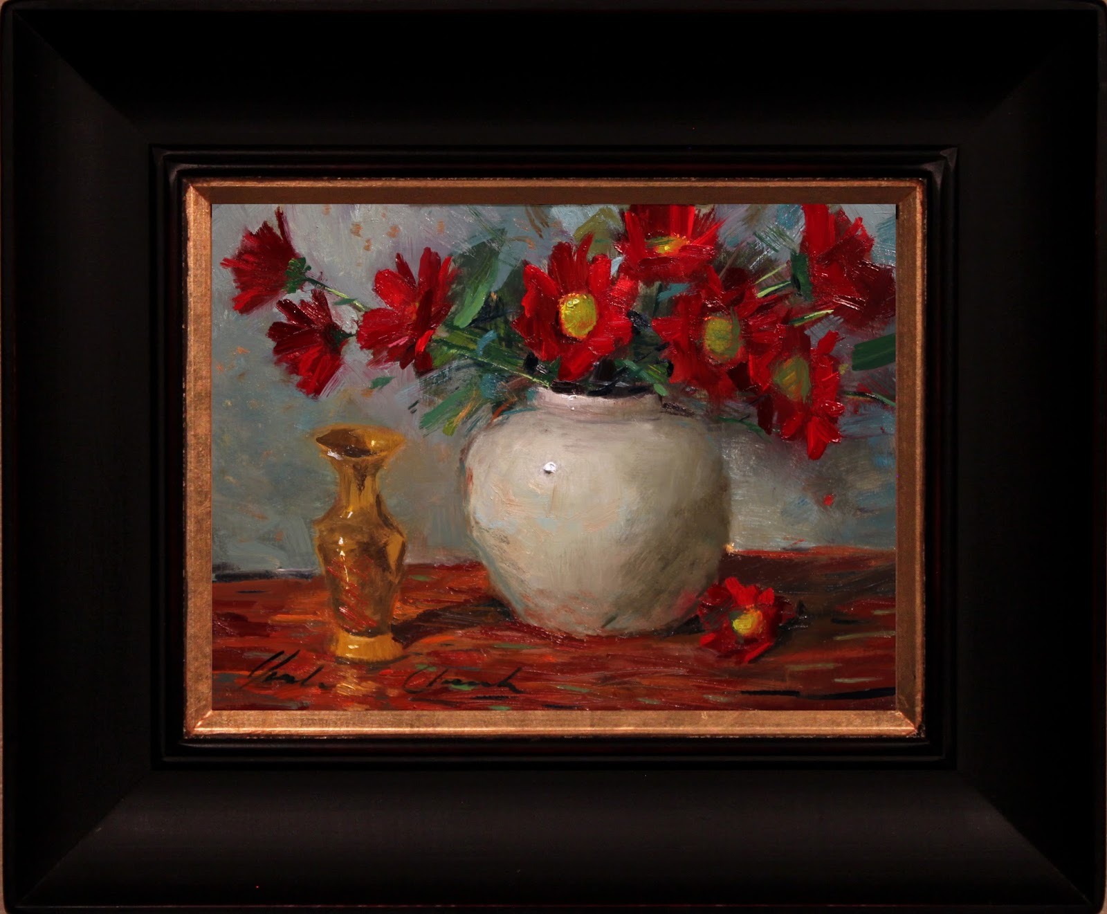 JustinClementsDailyPaintings: "Red daisies in white" - Framed