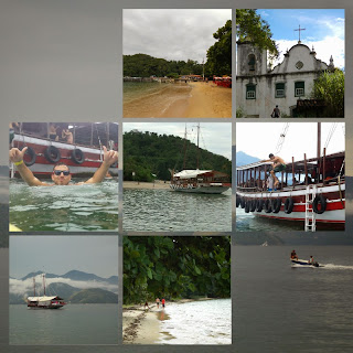 Collage de fotos en Brasil, barcos en el mar, gente nadando, playas