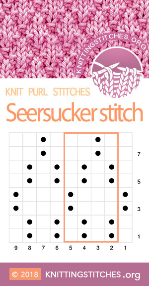 Seersucker Knit Purl Chart. Multiple of 4 sts, +1. Techniques used: Basic Knitting Stitches - Knit and Purl.   #knitpurl #knitting #easytoknit