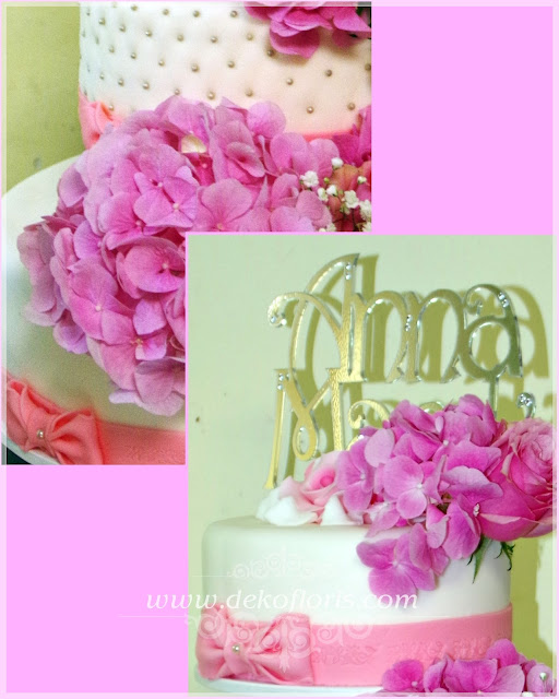 Różowa dekoracja kwiatowa tortu weselnego Komorno opolskie