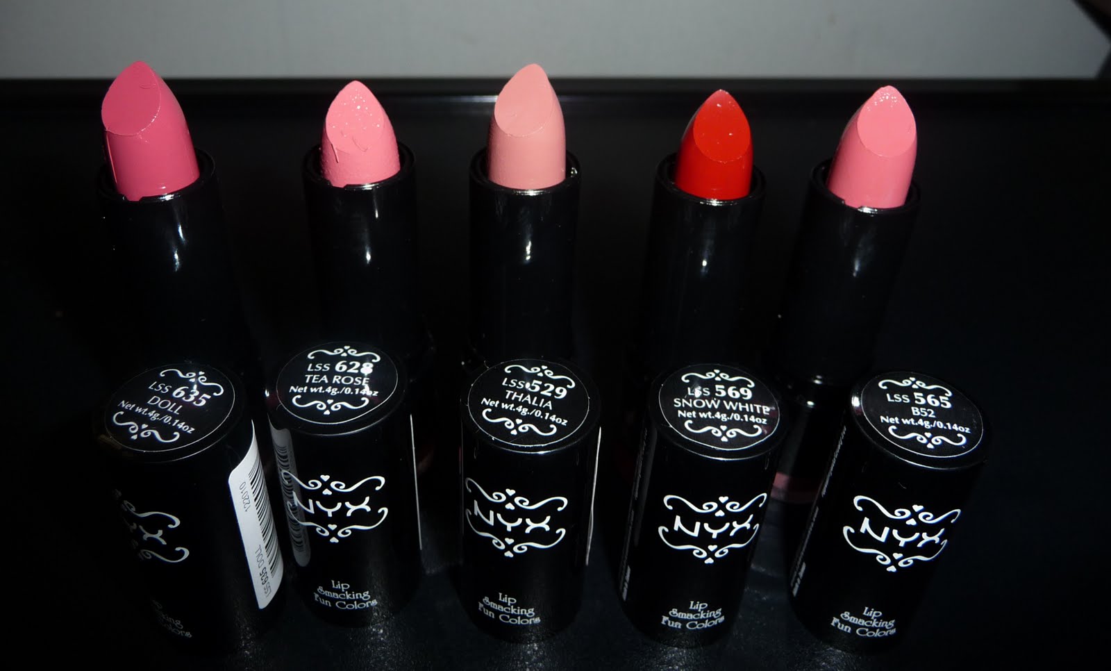 blushbaby NYX Round Lipstick Doll, Tea Rose, Thalia, Snow White, B52