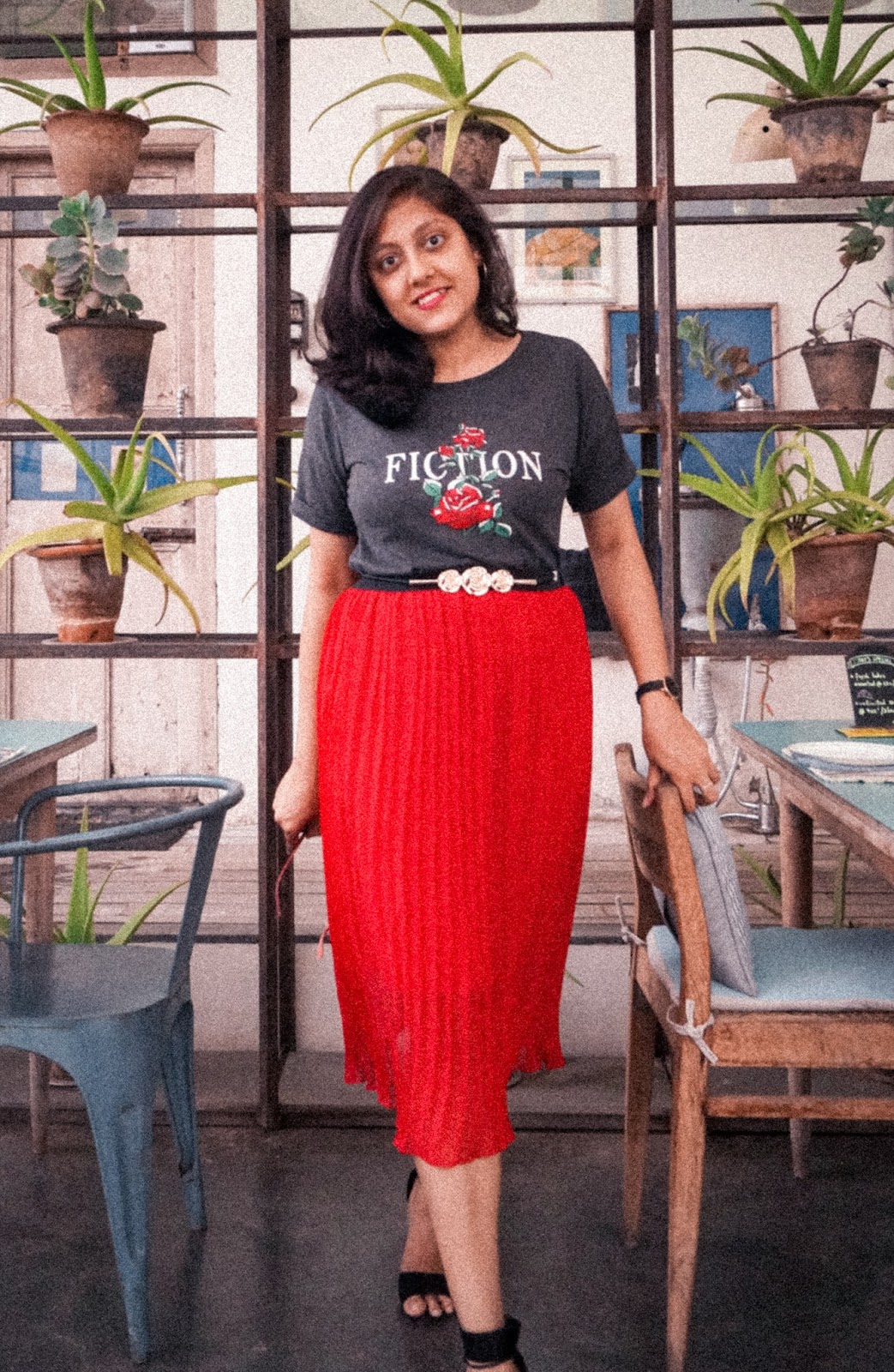 Styling red pleated skirt , vintage photo edit, grainy pictures, bangalore fashion blogger