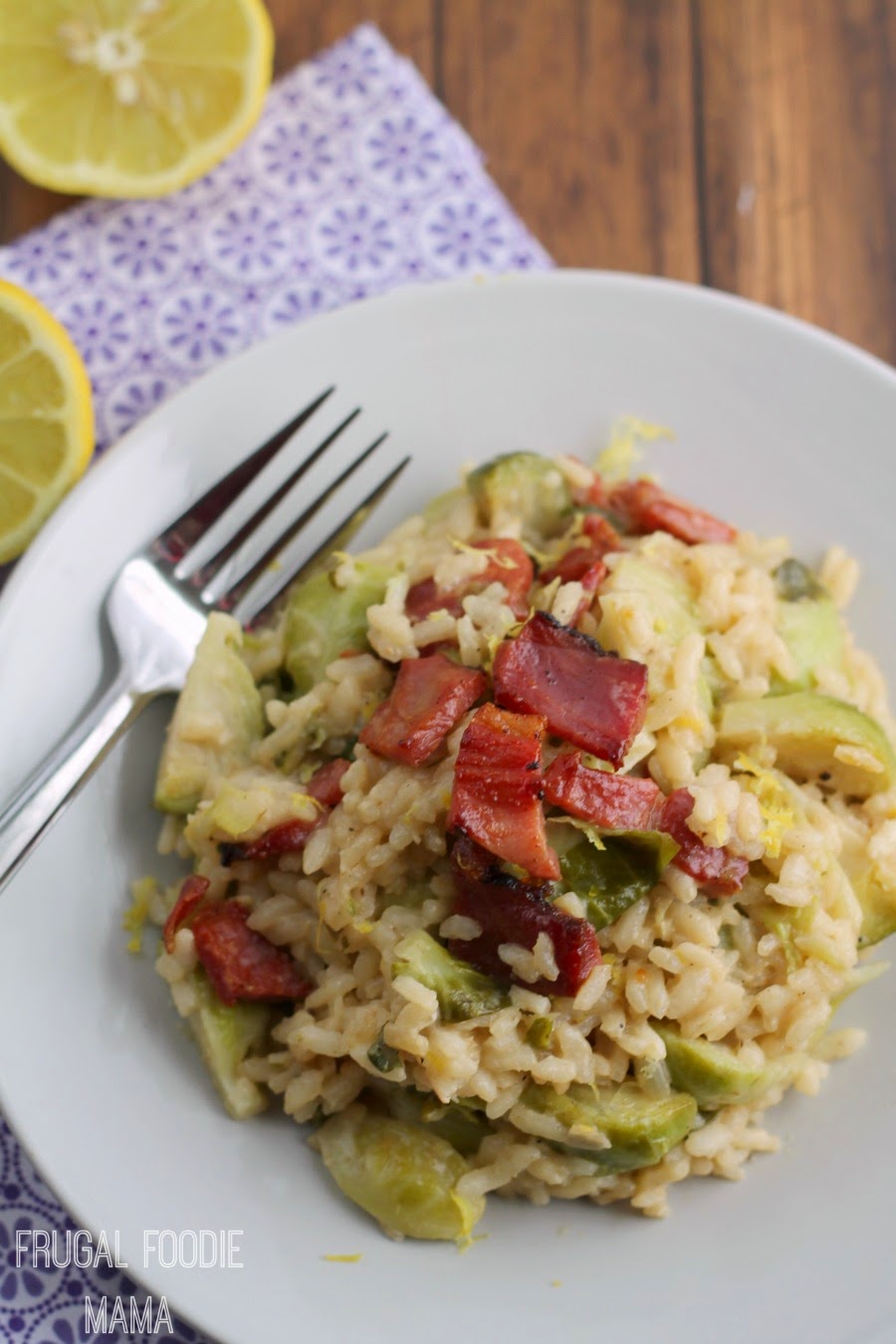 Bright lemon, fresh Brussels sprouts, crispy ham, and creamy arborio rice come together in this perfect for spring Lemon Risotto with Brussels Sprouts & Crispy Ham.