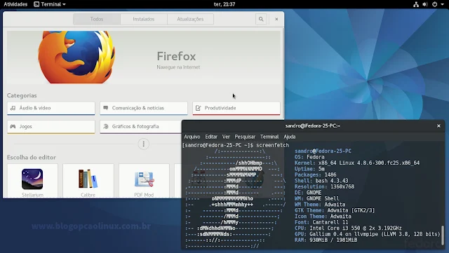 Área de Trabalho do Fedora 25 Workstation