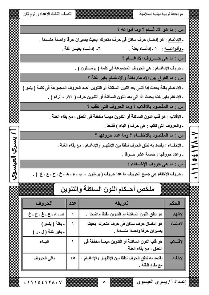مراجعة التربية الإسلامية للصف الثالث الاعدادي ترم ثاني أ/ يسري العيسوي 8