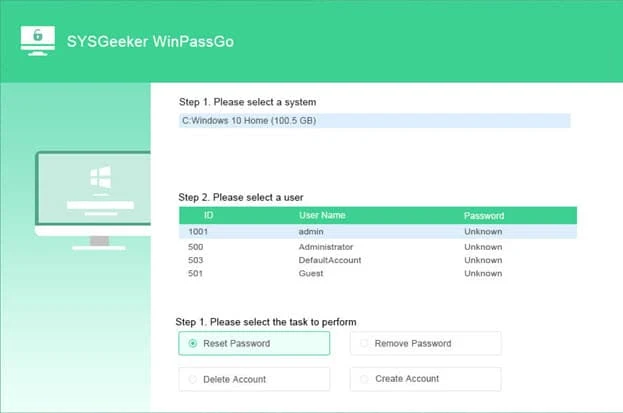 How to reset Windows 10 password using SYSGeeker WinPassGo