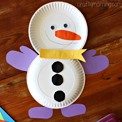 fun paper plate snowman with mittens and buttons craft
