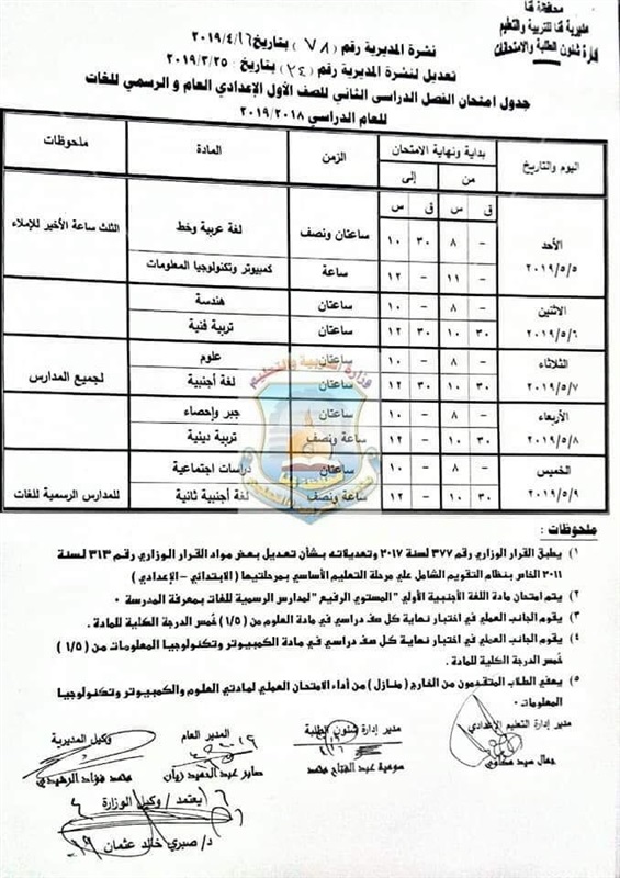 جداول امتحانات الترم الثاني 2019 محافظة قنا 150