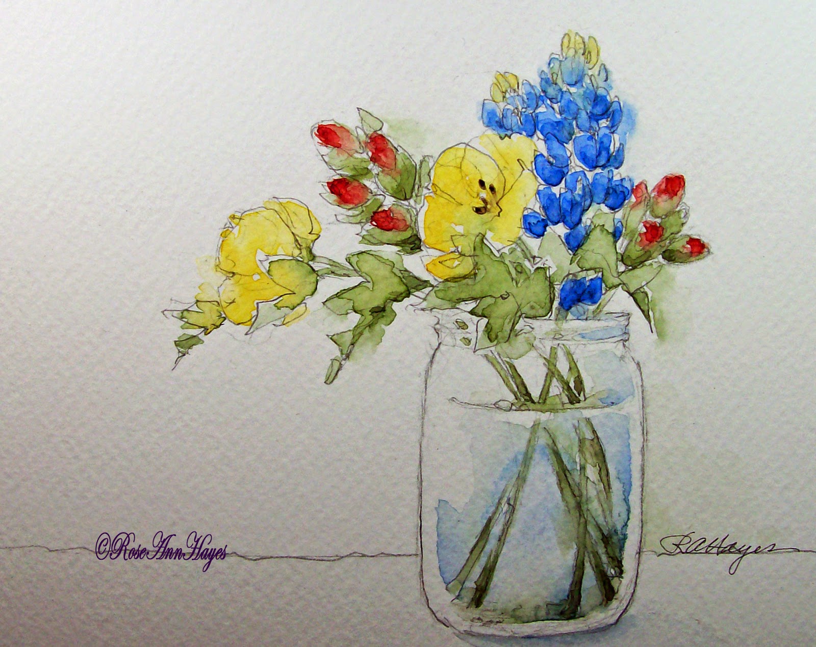 Daily Watercolors: Bluebonnets, Indian Paintbrush and Yellow Primrose