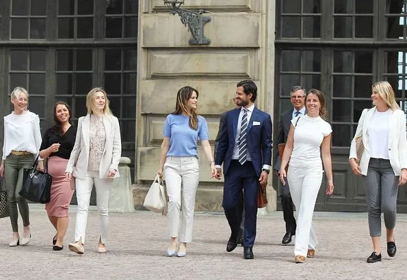 Princess Sofia wore a blue top and white cotton trousers by Hugo Boss