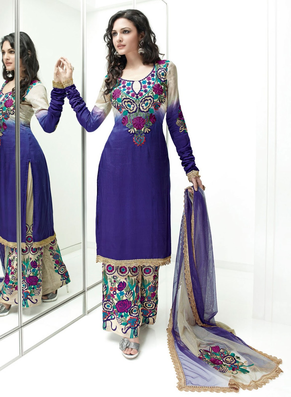 Blue Faux Crepe Salwar Kameez With Heavy Resham Floral Embroidery ~ Ladies Fashion Style