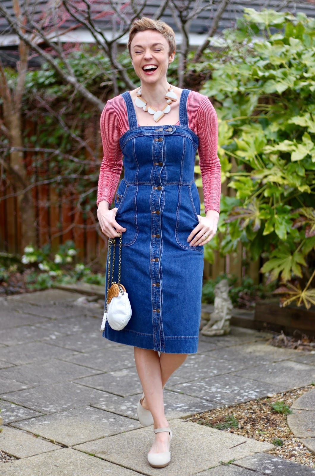 Denim Pinafore Dress & Red Stripes | Casual Style over 40 | Fake Fabulous