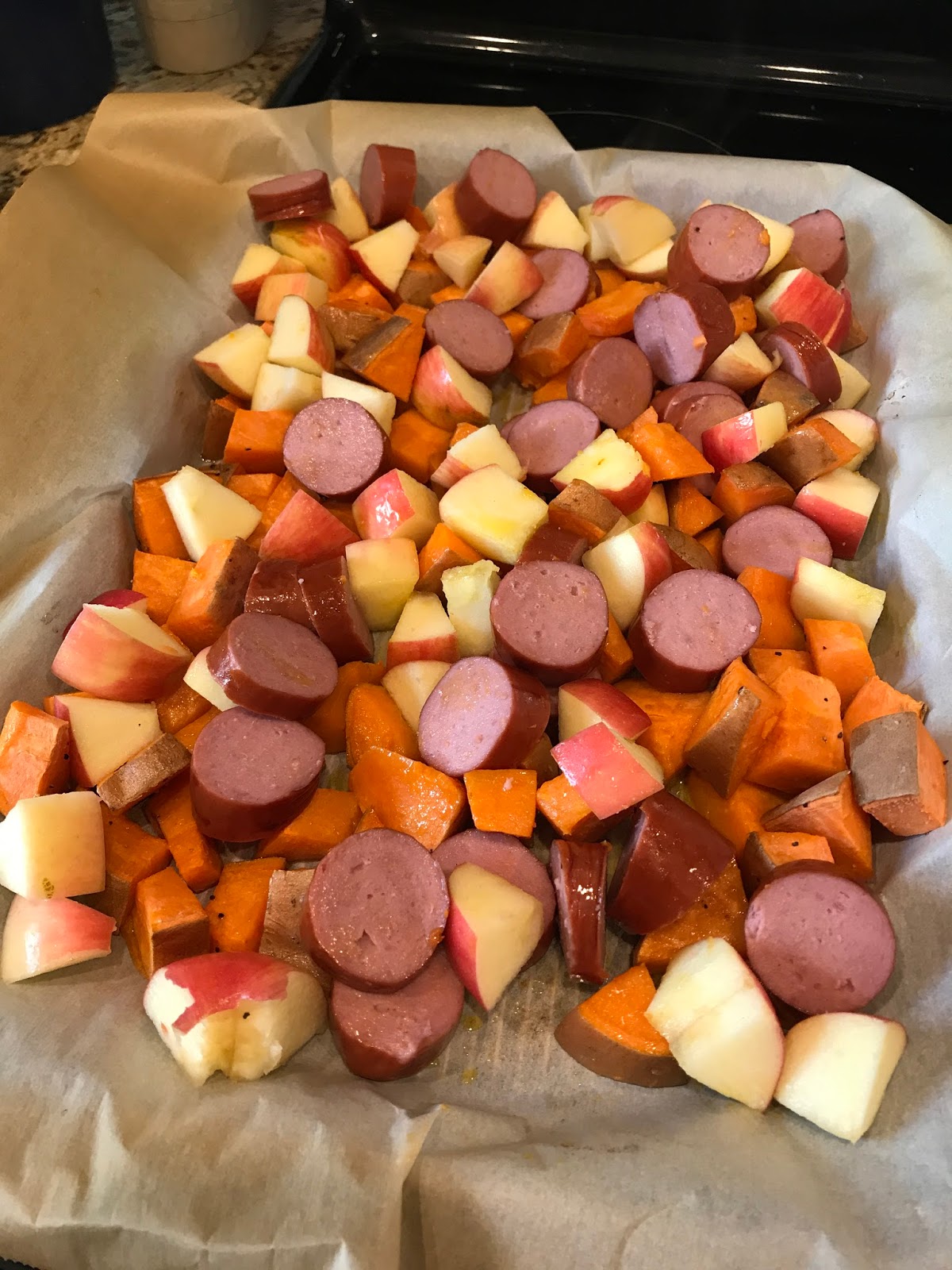 One Pan Dinner Sweet Potato, Apple and Sausage