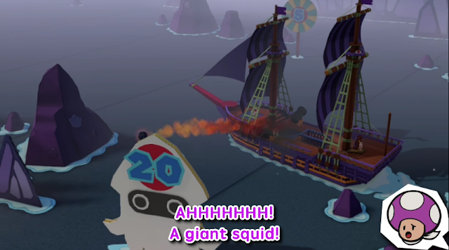 AHHHHHHH! A giant squid! Paper Mario Color Splash Lost Sea Blooper cannonball pirate ship fire