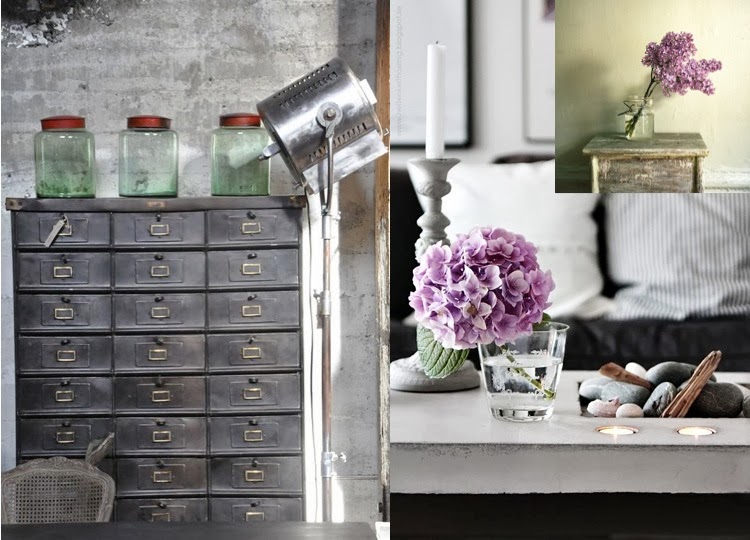 mueble industriales y flores lilas