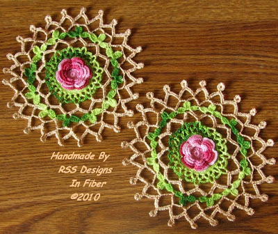  Red Roses Doily Set in Nature Fall Colors - Red - Green - Tan -- Handmade By RSS Designs In Fiber