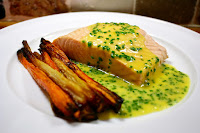 Sous Vide salmon and hollandaise with roasted roots