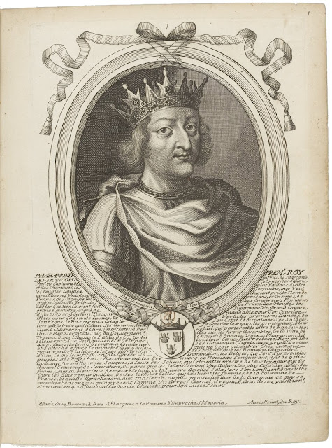 planche n° 1 de "Les augustes représentations de tous les rois de France, depuis Pharamond jusqu'à Louis XIV,... avec un abrégé historique sous chacun, contenant leurs naissances, inclinations et actions plus remarquables pendant leurs règnes..." (1690) - Bibliothèque nationale de France, Na-12-4 - Paris.