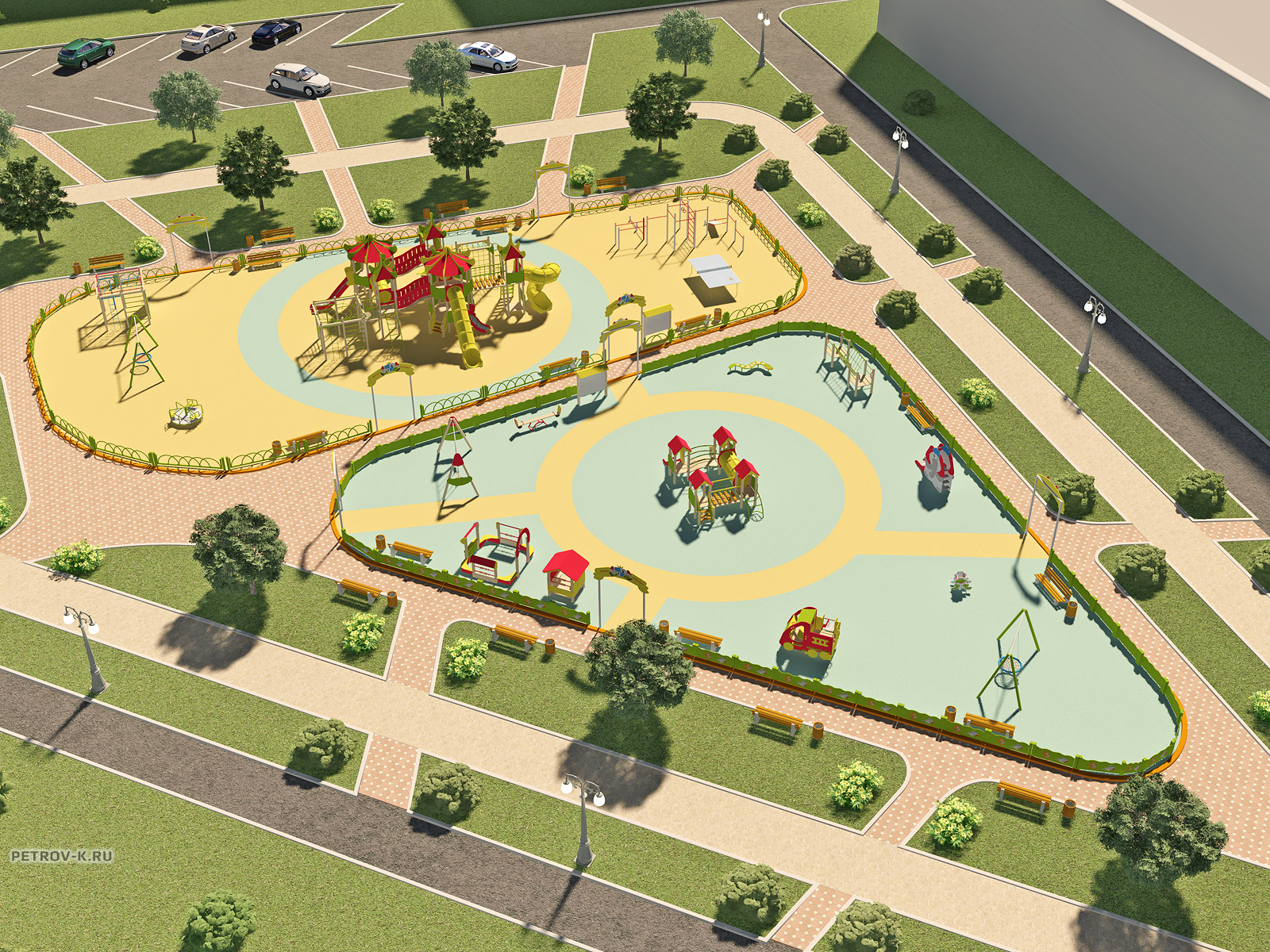 современная детская площадка. визуализация площадок. сквер гоголя во владимире. детские площадки рендеры. визуализация площадок.