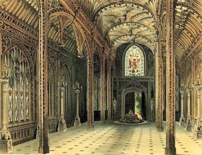 Gothic conservatory, Carlton House, London,   showing the Coade stone torcheres in situ  from Ackermann's Repository (1811)