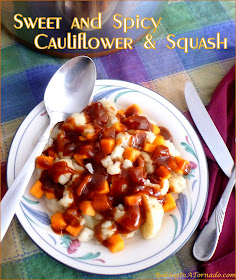 Sweet and Spicy Cauliflower and Squash marries vegetables with onion and apple studded barbecue sauce. Serve as a side dish or add leftover pork and rice for a full dinner. | Recipe developed by www.BakingInATornado.com | #recipe #vegetables